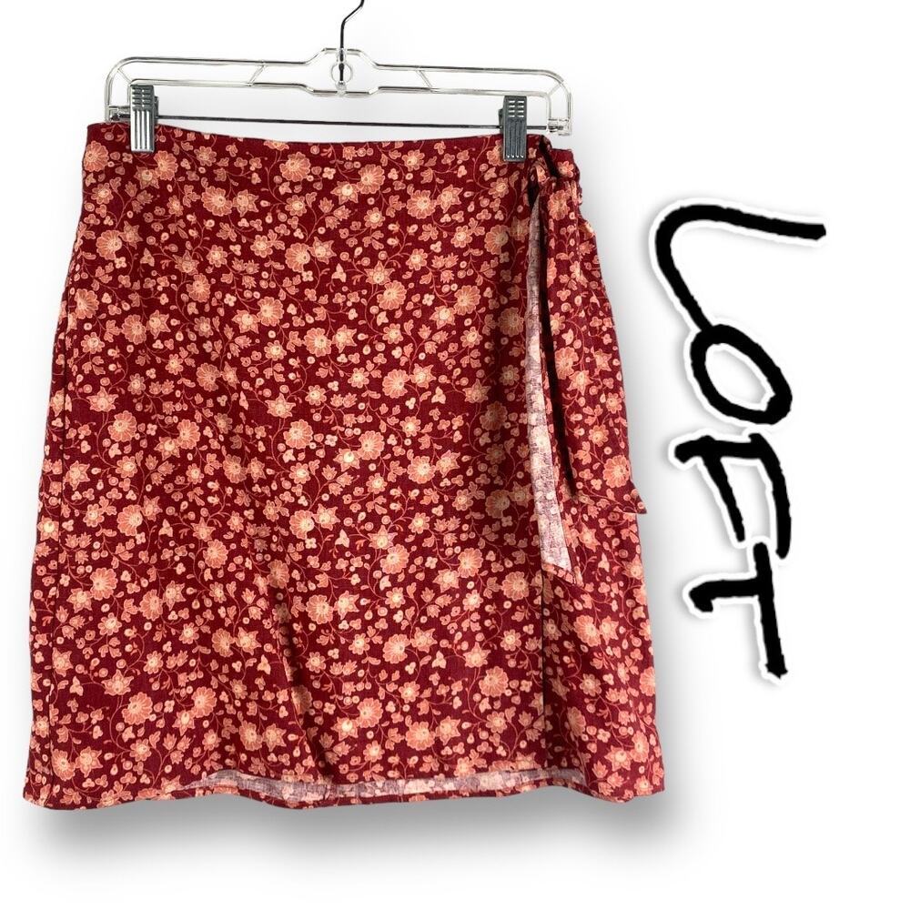 Loft Faux Wrap Floral Mini Skirt Linen Blend Crimson Red Womens Size 4